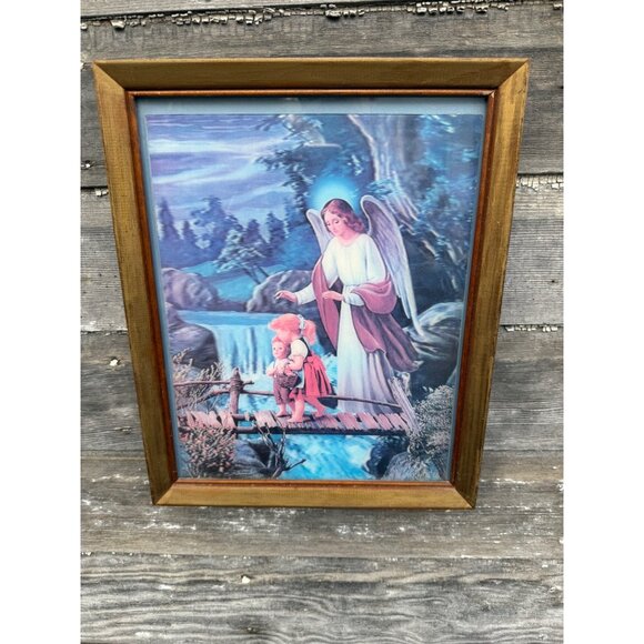 Vintage 70's Lenticular 3D Hologram Guardian Angel Children Framed Picture - Picture 15 of 15
